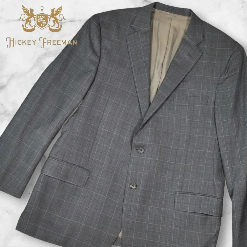 Vtg Hickey Freeman Suit Jacket Men 42‎ Grey Plaid Wool Silk Blazer Nordstrom USA